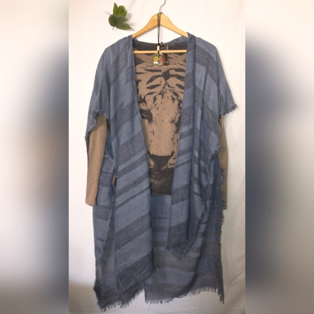Retro Bohemian Striped Blue Kimono Poncho One Size Larger Free People Style
